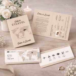 Esküvői útlevél, repülőjegy - útlevél formájú esküvői meghívó (drapp)