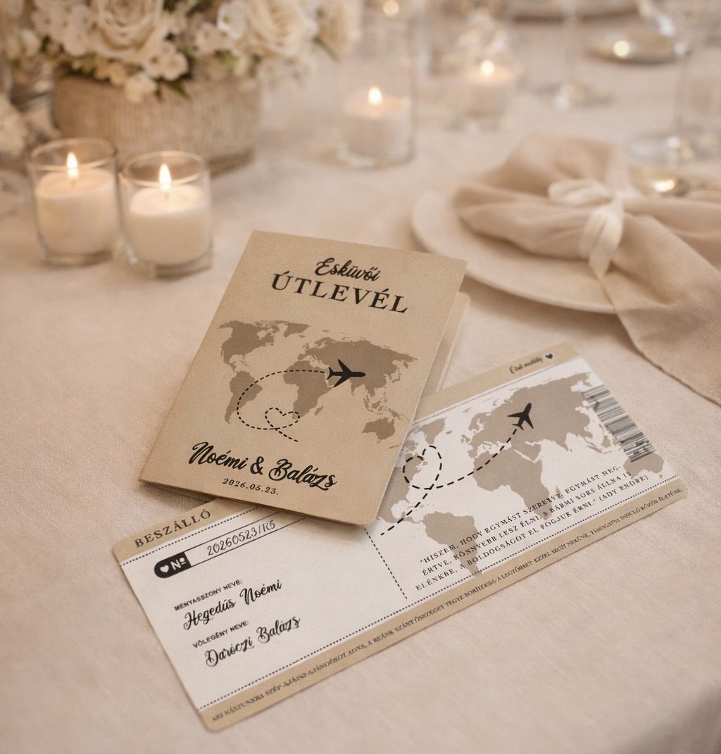 Esküvői útlevél, repülőjegy - útlevél formájú esküvői meghívó (drapp) - Image 3