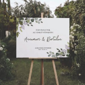 Esküvői üdvözlőtábla – zöld leveles design, személyre szabható