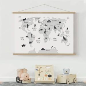 Illusztrált fali térkép – kontinensek állataival és épületeivel