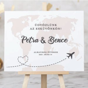 Esküvői üdvözlőtábla világtérképes háttérrel (esküvői útlevélhez tábla)