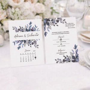 Kék levélmintás esküvői meghívó