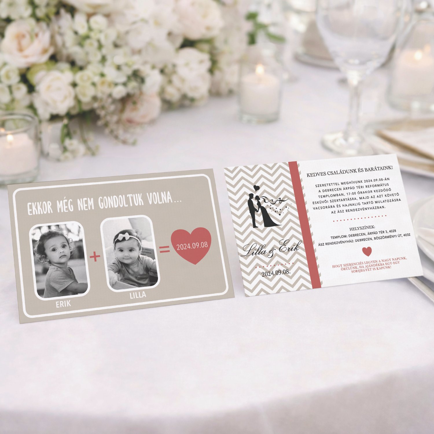 Esküvői meghívó pár gyerekkori képeivel