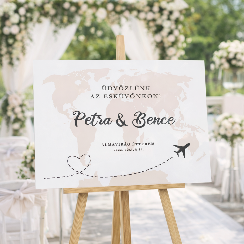 Esküvői üdvözlőtábla világtérképes háttérrel (esküvői útlevélhez tábla)
