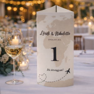 Világtérképes esküvői menülap, itallap – háromszög formában