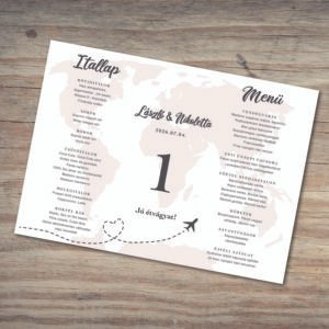 Világtérképes esküvői menülap, itallap – háromszög formában