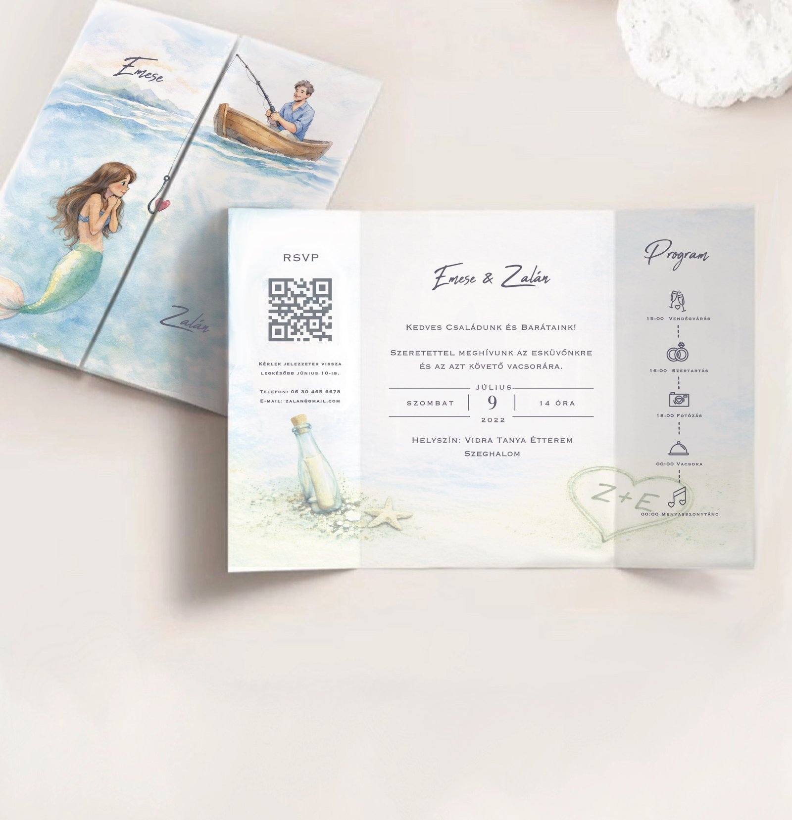 Hableány és horgász esküvői meghívó – személyre szabható, egyedi design - Image 5