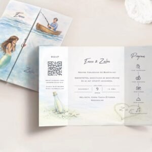 Hableány és horgász esküvői meghívó – személyre szabható, egyedi design