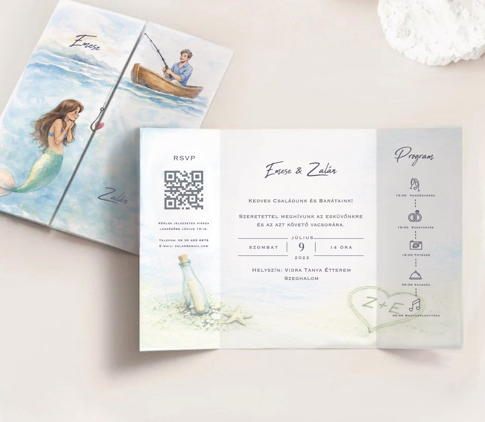 Hableány és horgász esküvői meghívó – személyre szabható, egyedi design