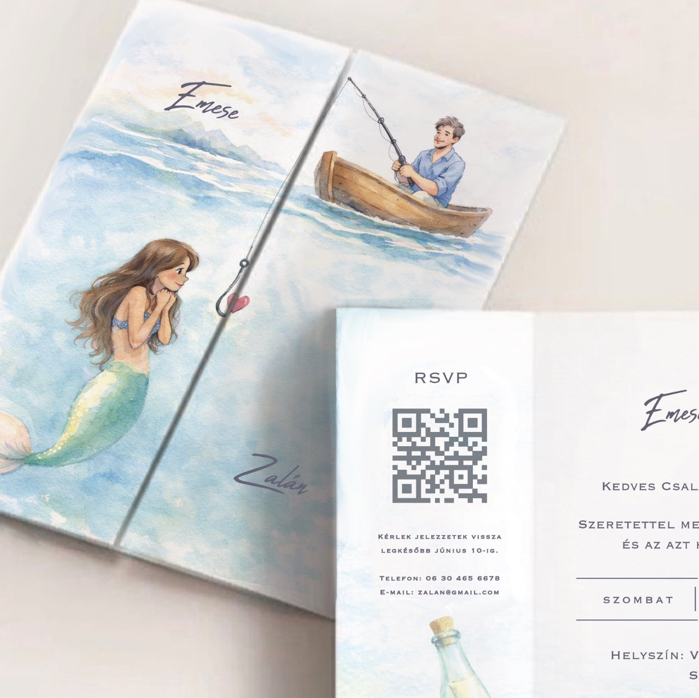 Hableány és horgász esküvői meghívó – személyre szabható, egyedi design - Image 2