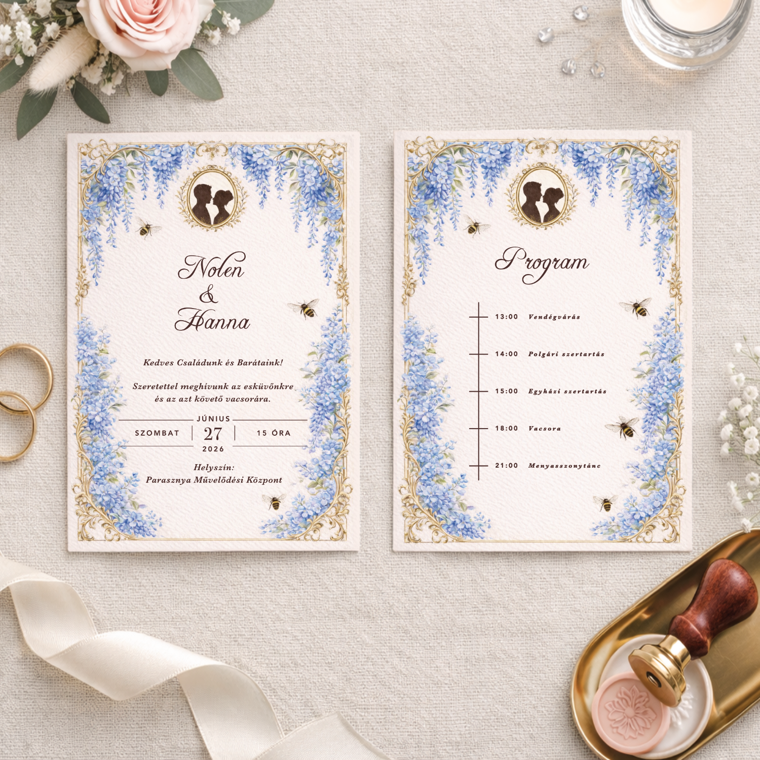 Klasszikus elegáns esküvői meghívó – Regency stílusú (kék) - Image 2