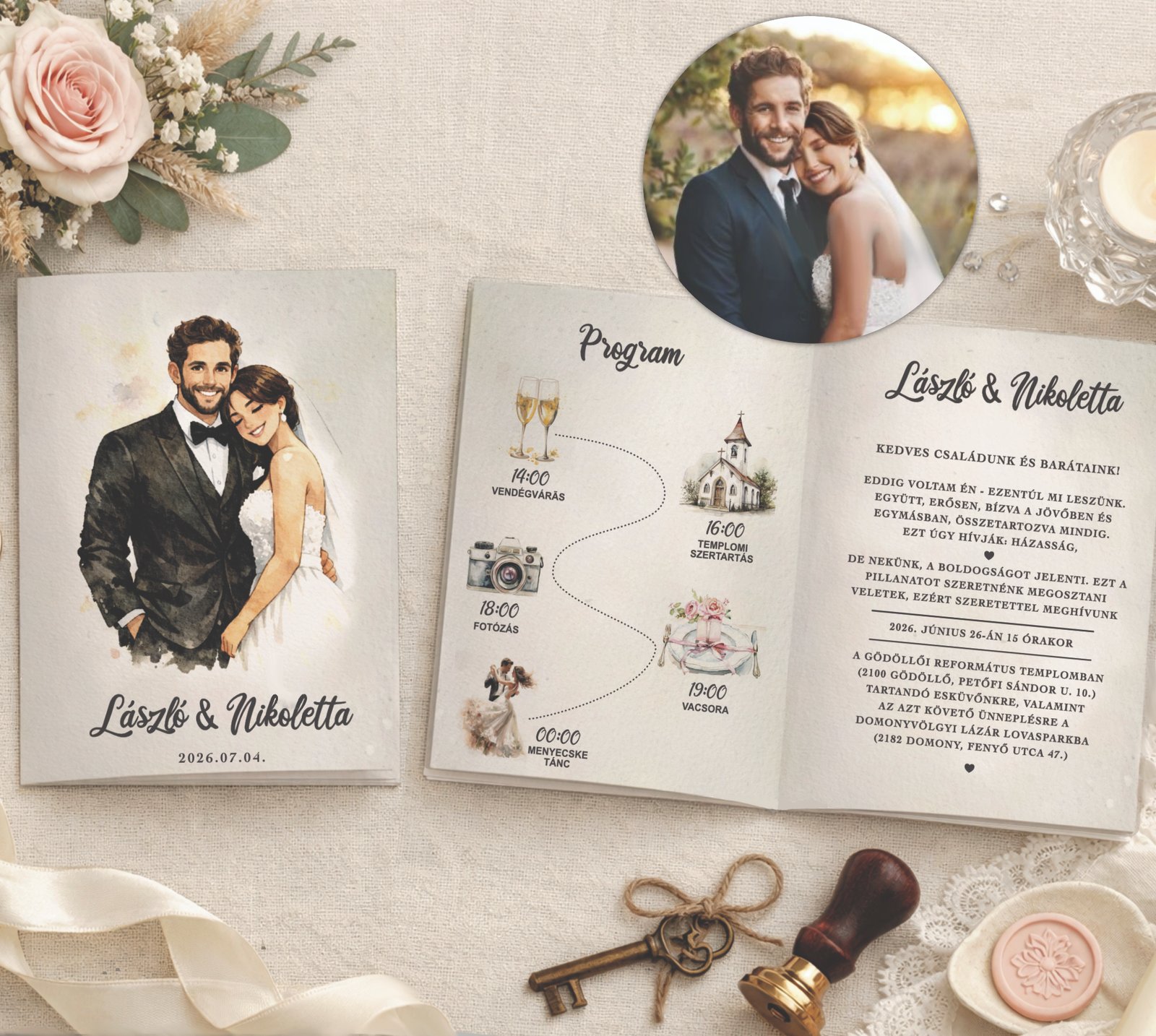 Egyedi, személyre szabható esküvői meghívó – saját fotóból készült rajzzal