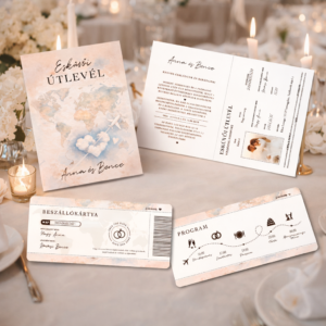 Esküvői útlevél, repülőjegy - útlevél formájú esküvői meghívó (felhős)
