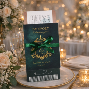 Esküvői útlevél, repülőjegy - útlevél formájú esküvői meghívó (sötétzöld)