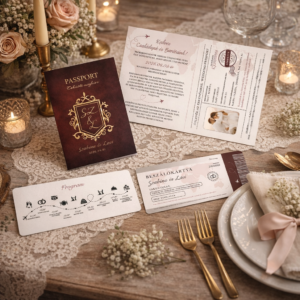 Esküvői útlevél, repülőjegy - útlevél formájú esküvői meghívó (bordó)