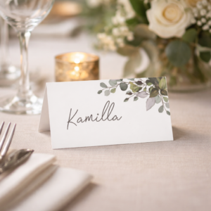 Zöld leveles esküvői ültetőkártya hajtott, levélmintás