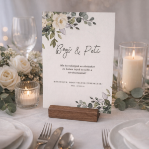 Zöld leveles esküvői üdvözlőlap asztalra, levélmintás