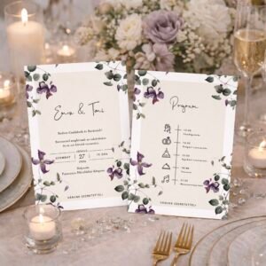 Lila virágos és leveles esküvői meghívó, virág és levélmintás